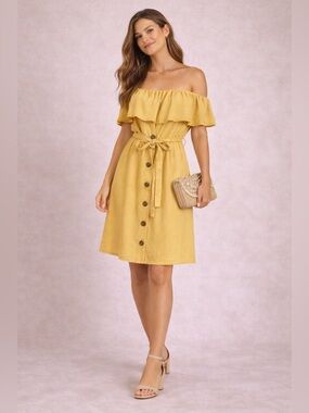 One Clothing LA Off Shoulder Ruffle Midi Dress Yellow Button Front Resort Summer